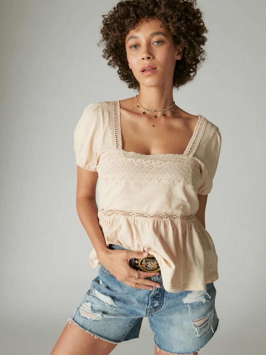 Lucky Brand Lace-Trim Peplum Top - Cream